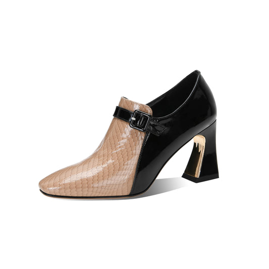 TinaCus Women's Genuine Leather Round Toe Handmade Buckle Side Zipper Multi-Colored Mid Chunky Heel Stylish Pumps Shoes