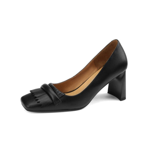 TinaCus Handmade Women's Genuine Leather Tassels Slip On Square Toe Mid Chunky Heel Pumps Shoes