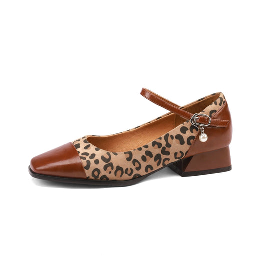TinaCus Women's Square Toe Leopard Print Genuine Leather Handmade Low Heel Chic Mary Jane Shoes
