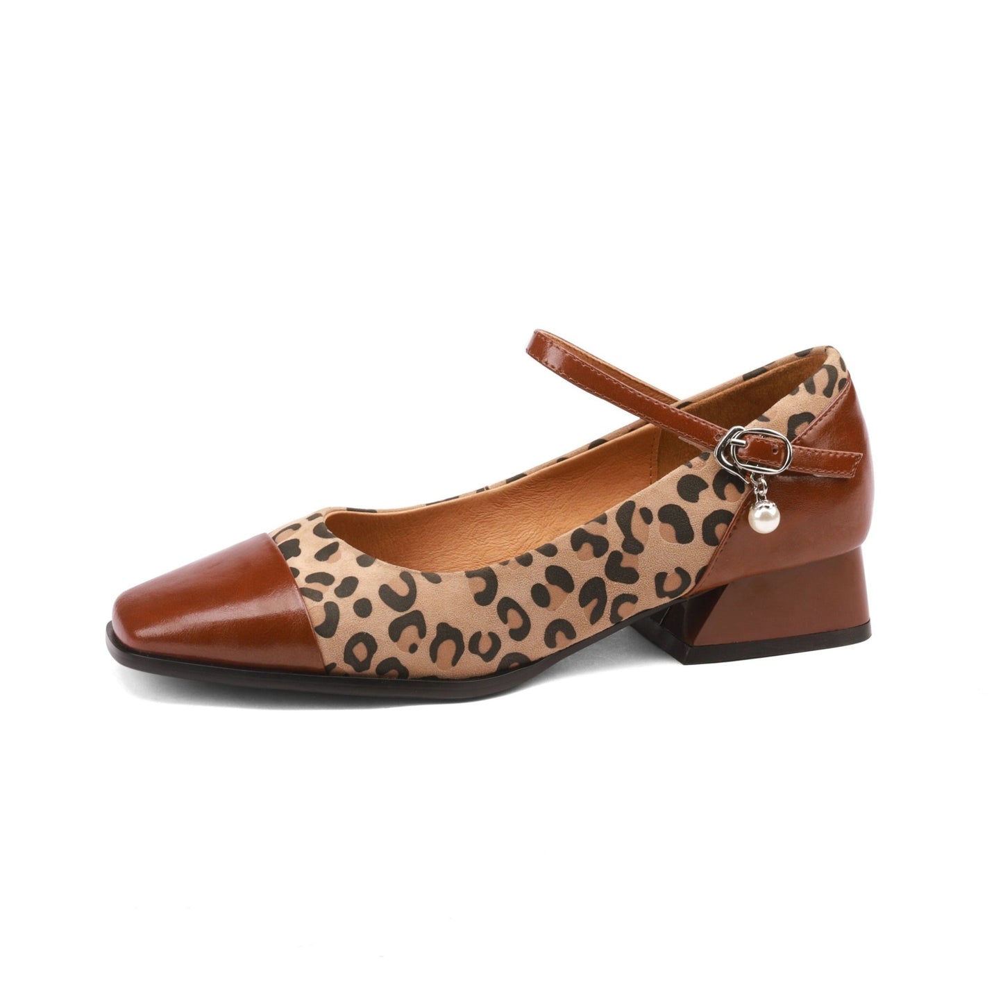TinaCus Women's Square Toe Leopard Print Genuine Leather Handmade Low Heel Chic Mary Jane Shoes