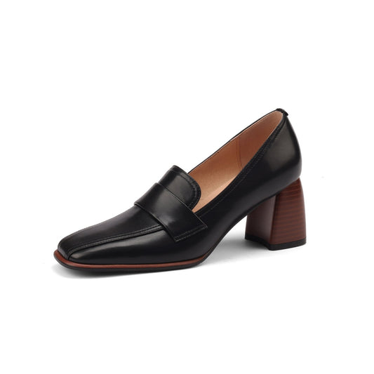 TinaCus Women's Square Toe Handmade Genuine Leather Mid Chunky Heels Slip On Vintage Pumps Shoes