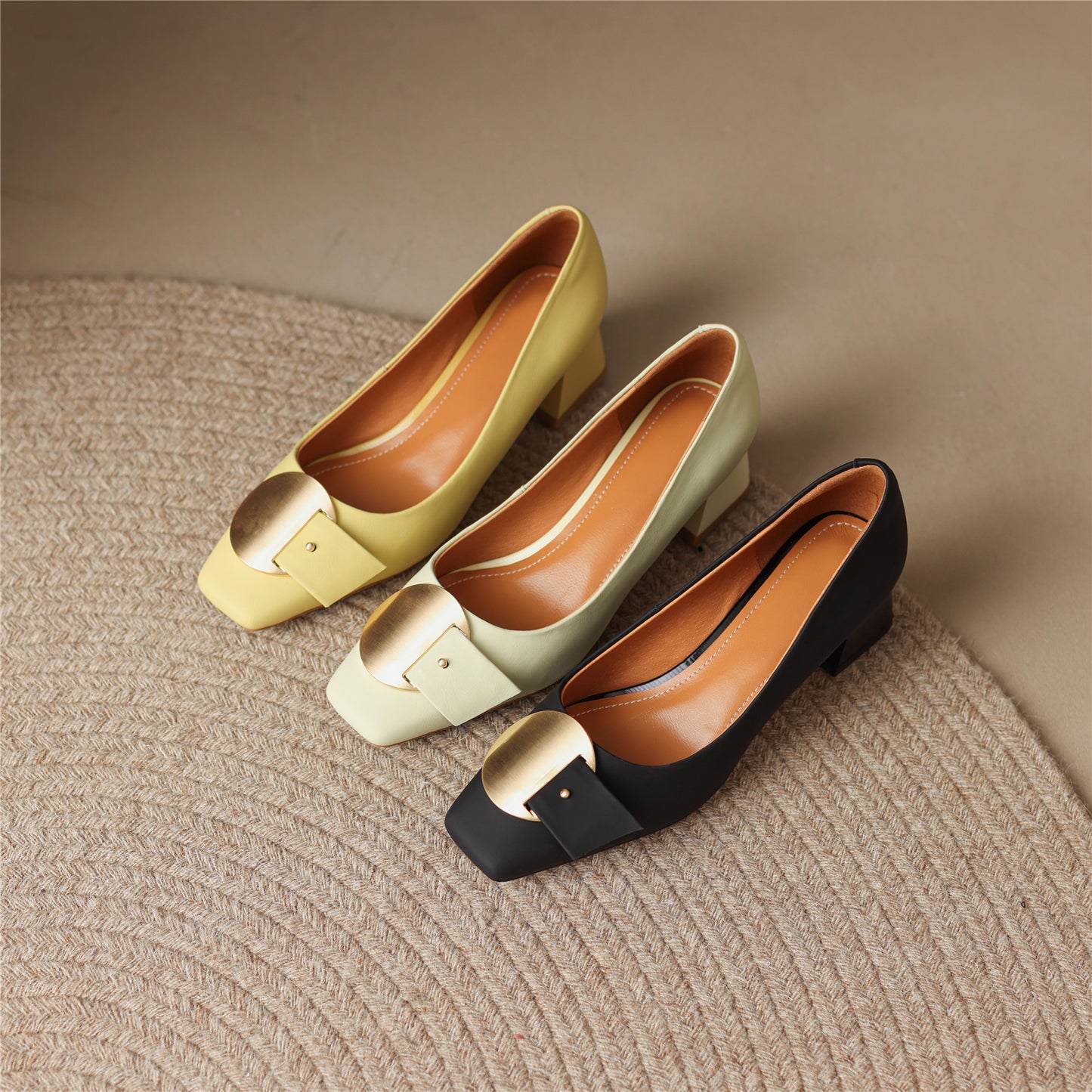 TinaCus Handmade Genuine Leather Women's Classic Square Toe Block Heel Slip On Metal Pattern Pump Shoes