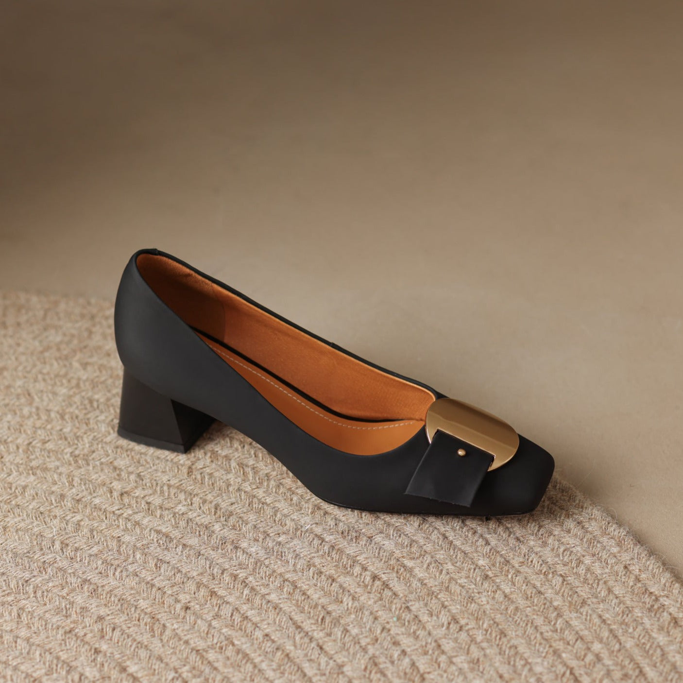 TinaCus Handmade Genuine Leather Women's Classic Square Toe Block Heel Slip On Metal Pattern Pump Shoes