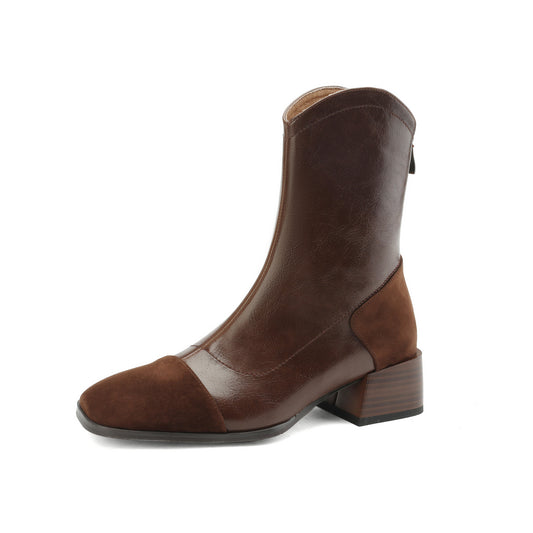 TinaCus Handmade Women's Genuine Leather Patchwork Back Zipper Cap Toe Low Chunky Heel Mid-Calf Boots