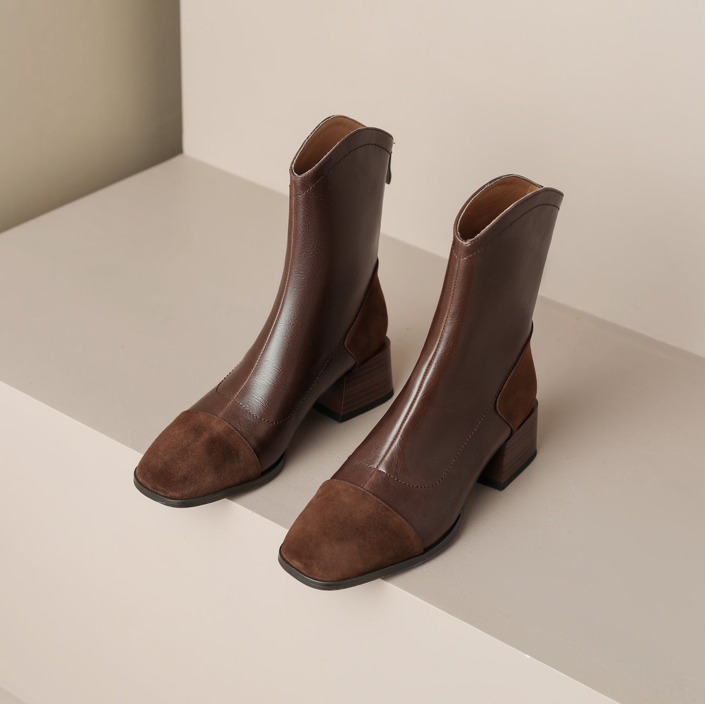 TinaCus Handmade Women's Genuine Leather Patchwork Back Zipper Cap Toe Low Chunky Heel Mid-Calf Boots