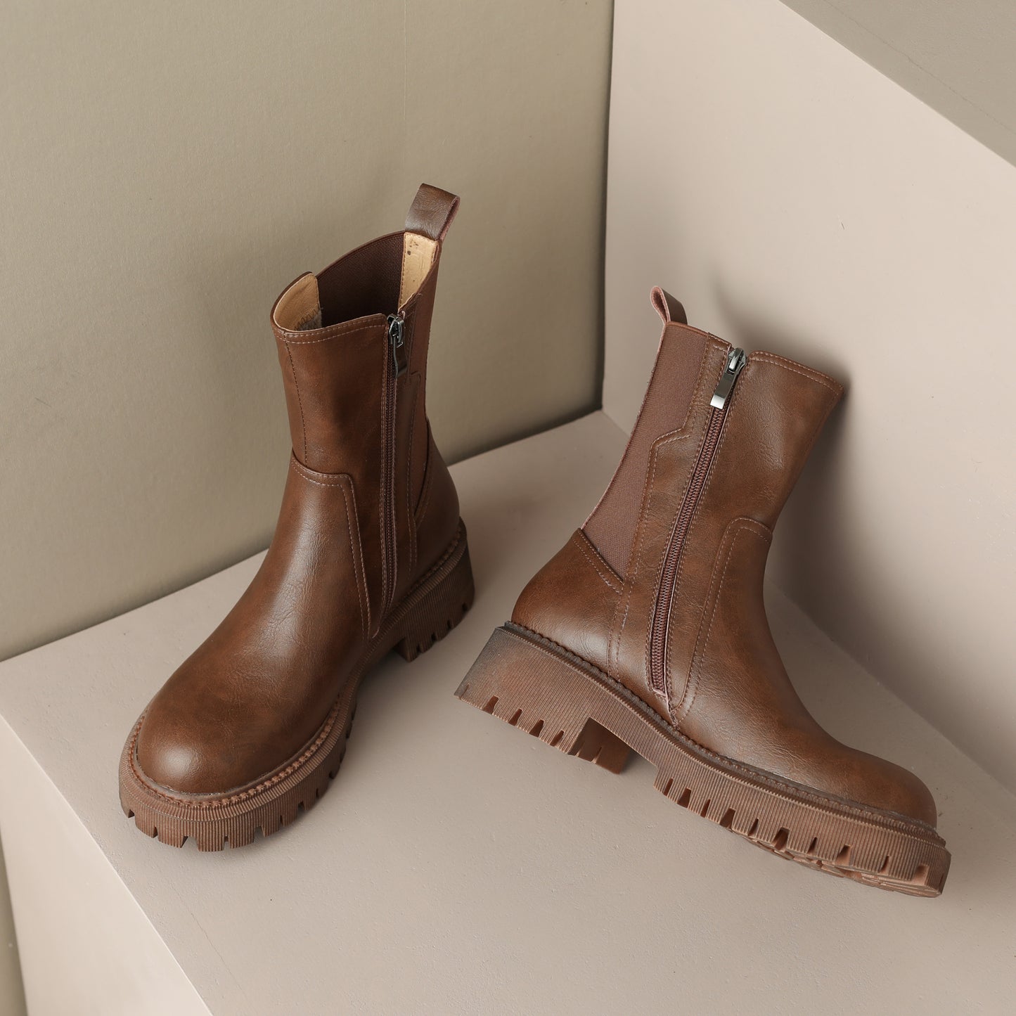 TinaCus Handmade Women's Leather Patchwork Side Zip Round Toe Low Block Heel Platform Boots
