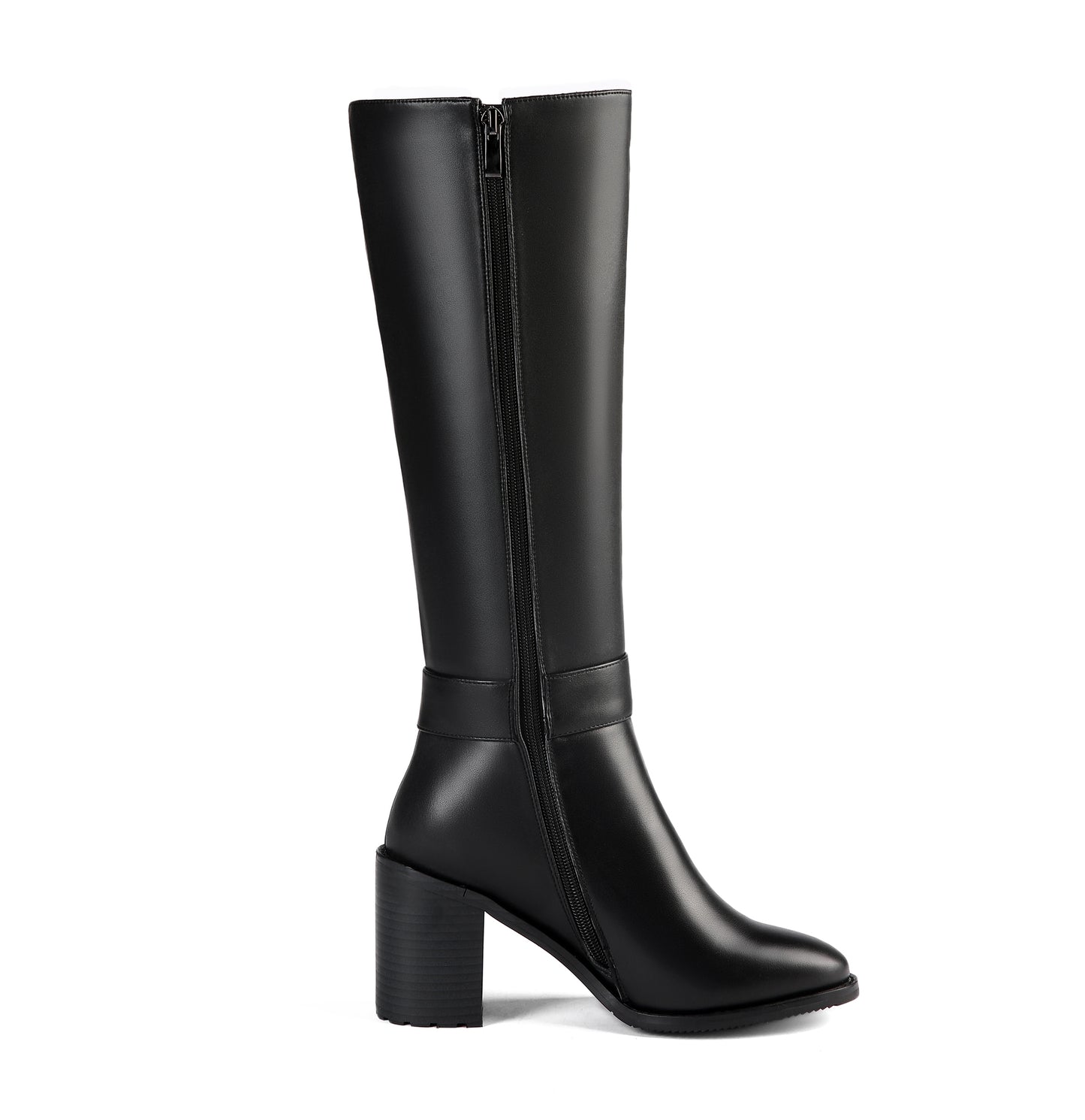 TinaCus Women's Genuine Leather Round Toe Handmade Buckled Dual Zippers High Chunky Heels Stylish Knee High Boots