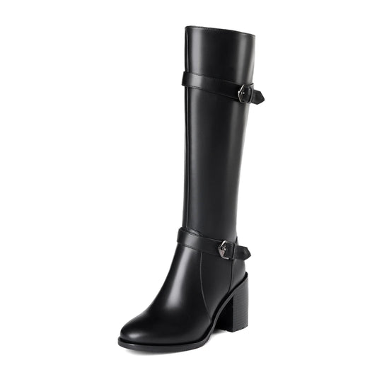 Tinacus Genuine Leather Round Toe Chunky High Heel Comfortable Knee High Boots