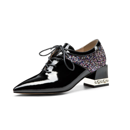 TinaCus Damen-Pumps, handgefertigt, echtes Leder, spitze Zehenpartie, mittelhoher Blockabsatz, Schnürung, bequeme Pumps mit funkelndem Glitzer