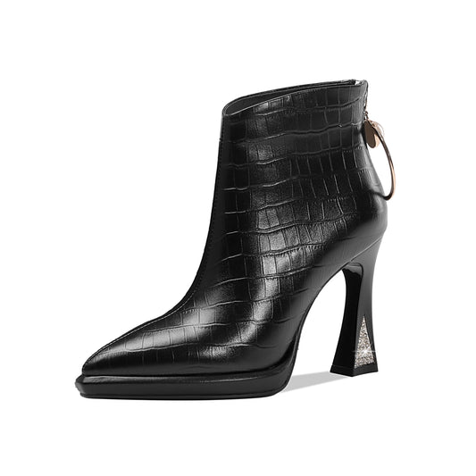 TinaCus Women's Genuine Leather Pointed Toe Handmade Back Zipper with Ring High Heels Chic Ankle Boots