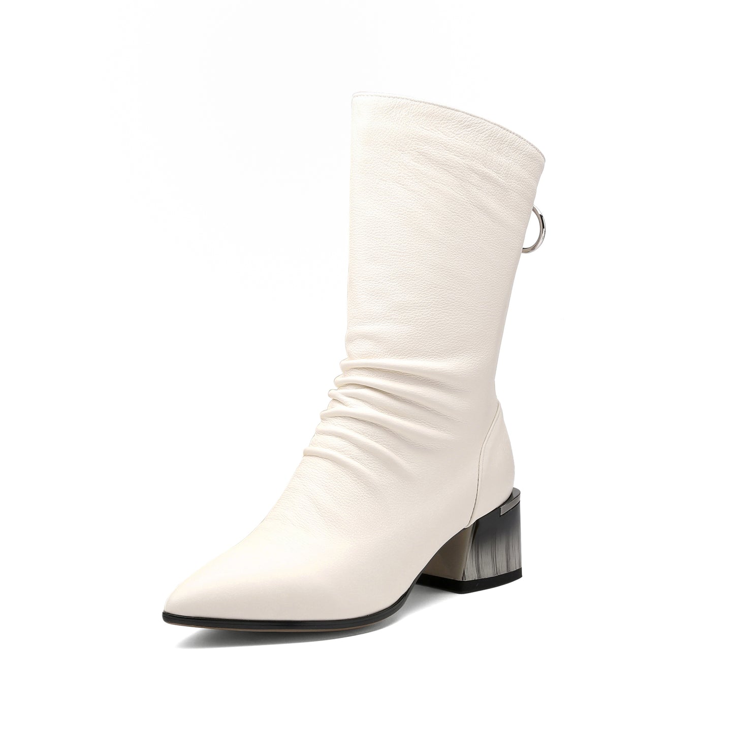 TinaCus Women's Handmade Genuine Leather Pointed Toe Gradient Color Mid Block Heel Back Zip Up Trendy Ruffle Mid-Calf Boots