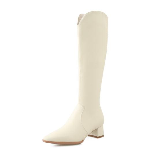 TinaCus Women's Handmade Leather Comfortable Chunky Heel Side Half Zipper Round Toe Knee-High Boots