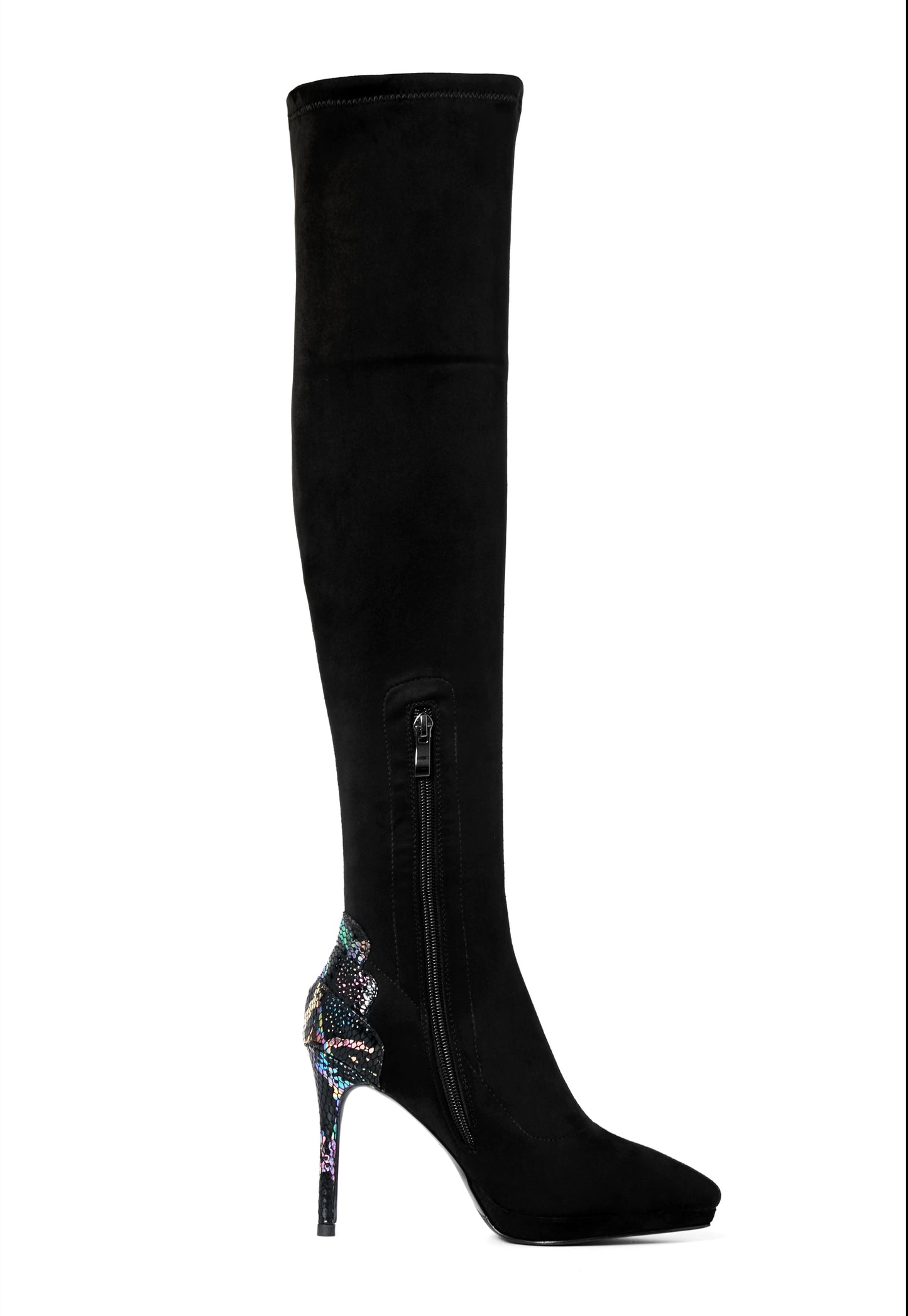 TinaCus Women's Handmade Suede Leather Pointed Toe Sexy Stiletto High Heel Stretch Half Zip Black Over the Knee High Boots with Colorful Sequin