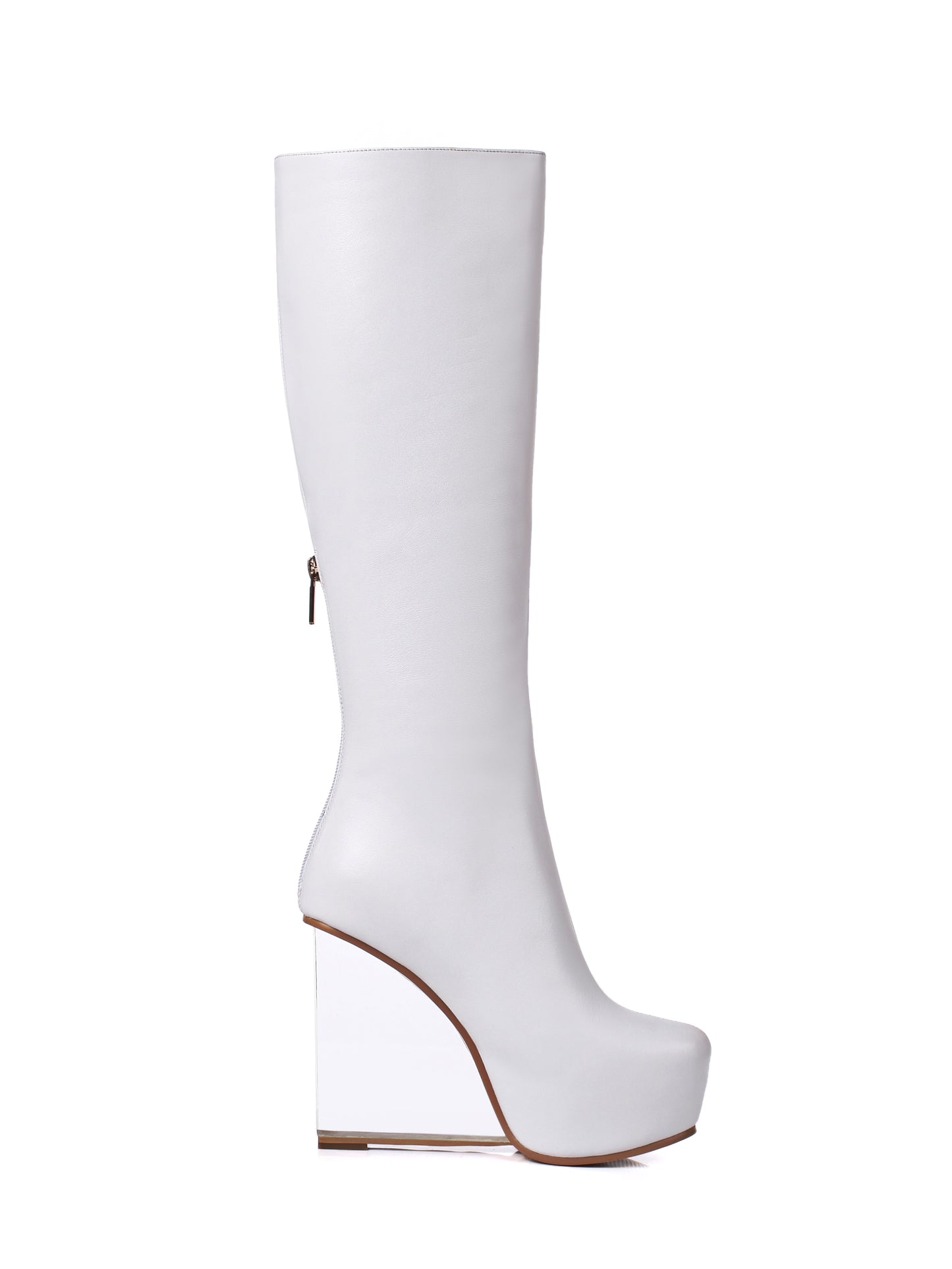 TinaCus Women's Handmade Genuine Leather Round Toe Transparent High Heel Half Zip Up Knee High Boots with Platform