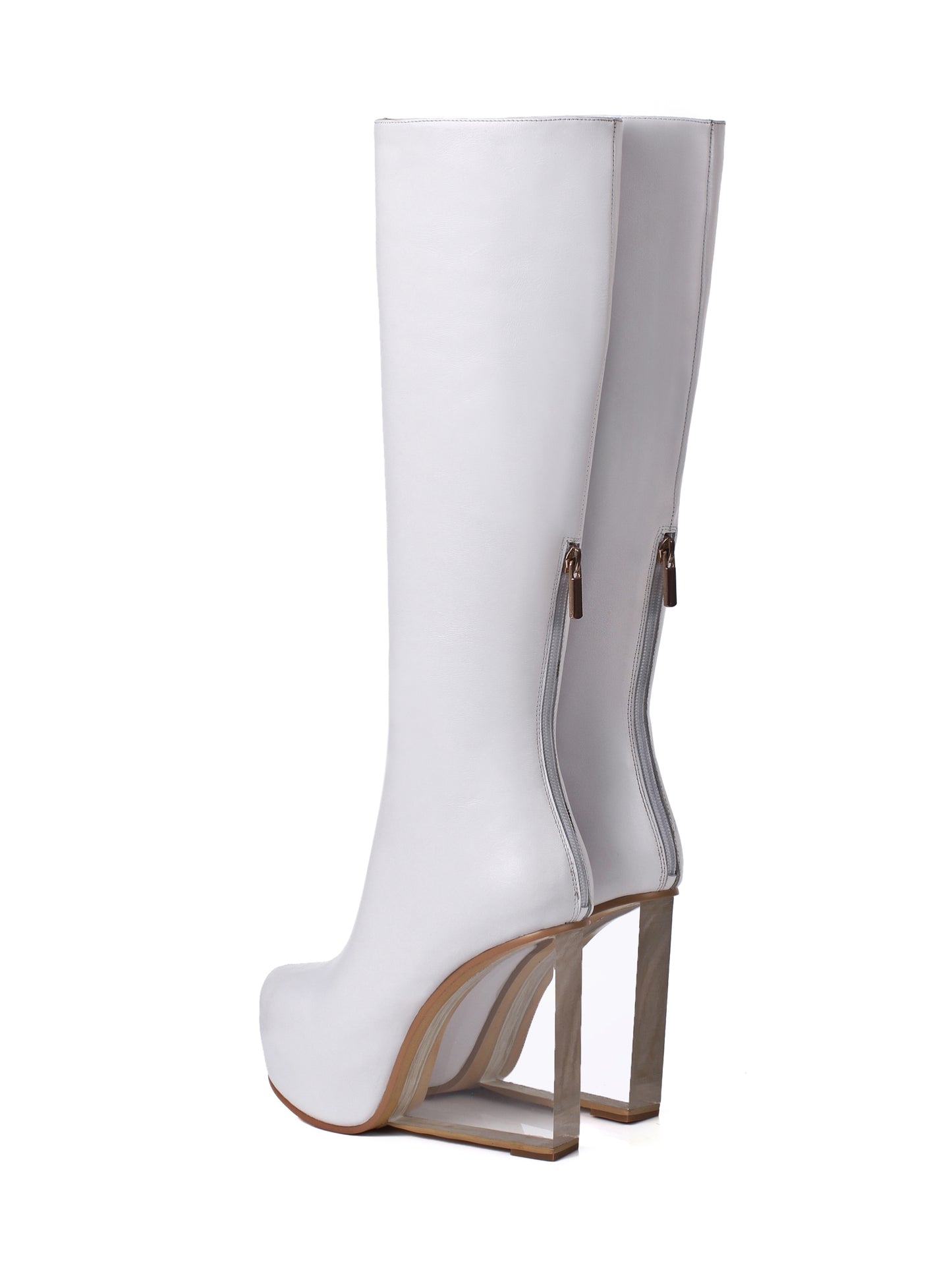 TinaCus Women's Handmade Genuine Leather Round Toe Transparent High Heel Half Zip Up Knee High Boots with Platform