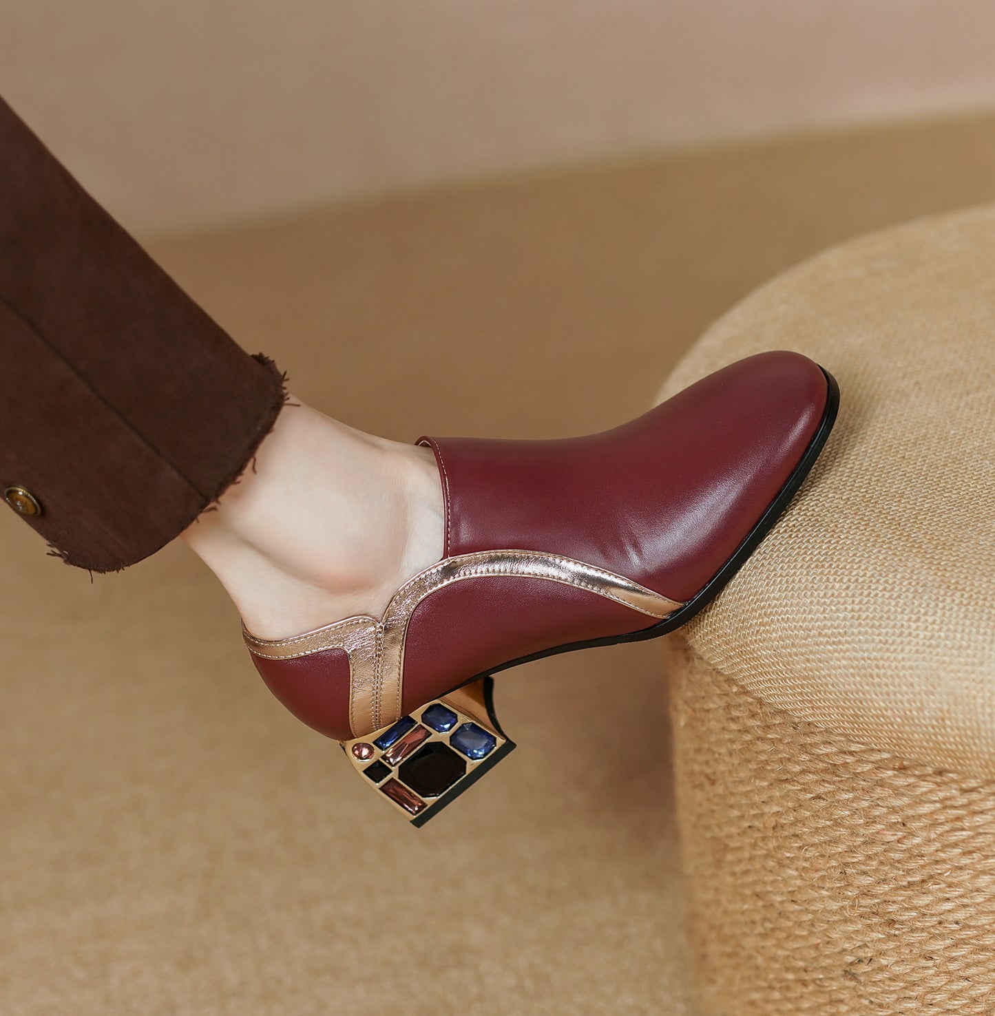 TinaCus Handmade Women's Genuine Leather Crystal Side Zipper Round Toe Mid Block Heel Pumps Shoes