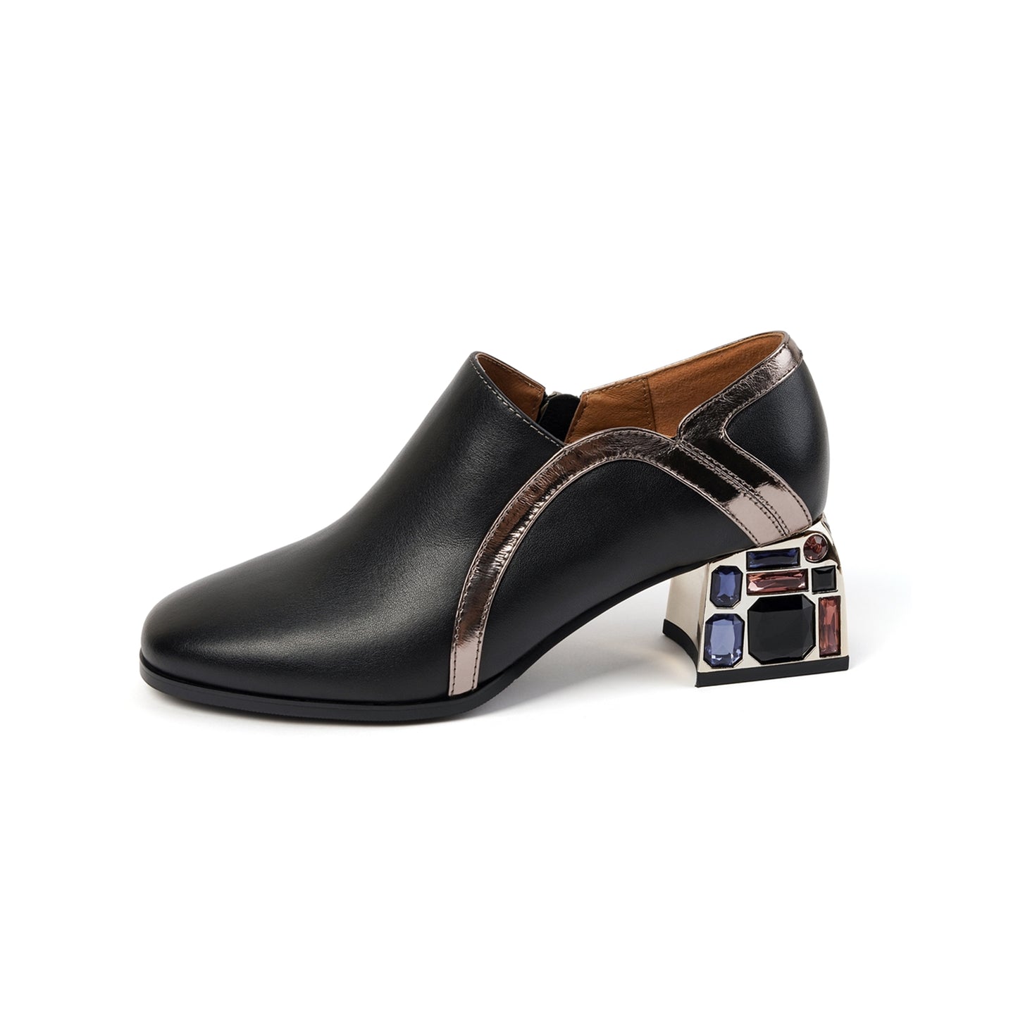 TinaCus Handmade Women's Genuine Leather Crystal Side Zipper Round Toe Mid Block Heel Pumps Shoes