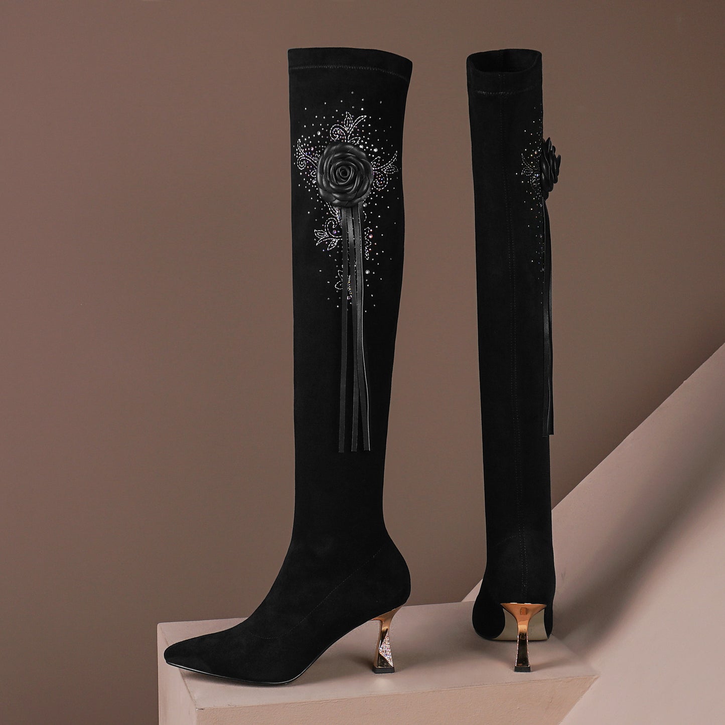 TinaCus Women's Handmade Suede Leather Pointed Toe Sexy High Heel Stretch Slip On Black Over the Knee High Boots with Floral Tassel