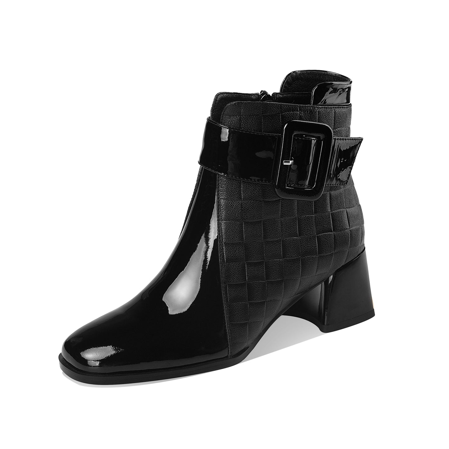 TinaCus Genuine Leather Women's Handmade Chic Buckle Decor Chunky Heel Side Zip Up Checkered Ankle Boots
