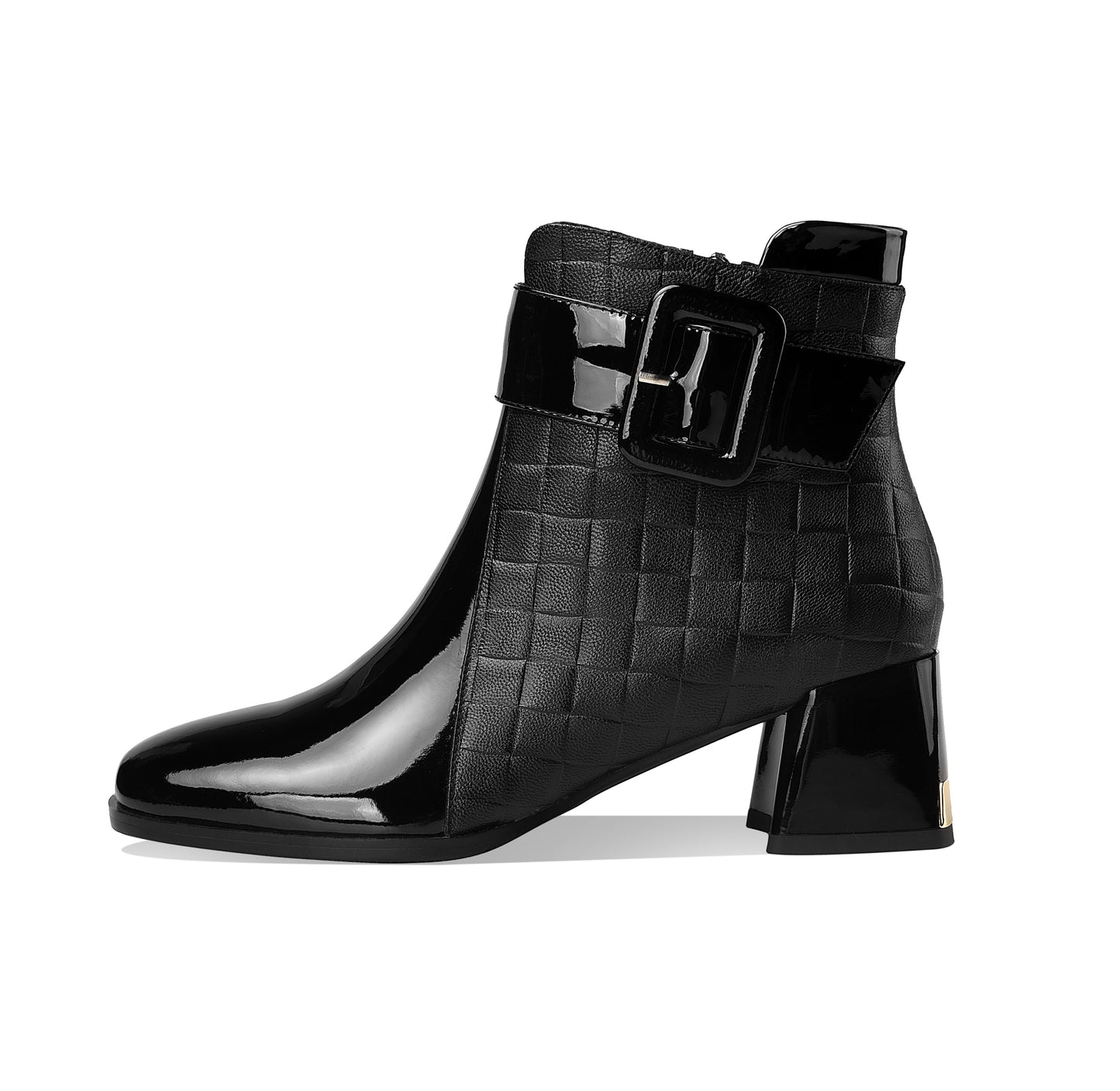 TinaCus Genuine Leather Women's Handmade Chic Buckle Decor Chunky Heel Side Zip Up Checkered Ankle Boots