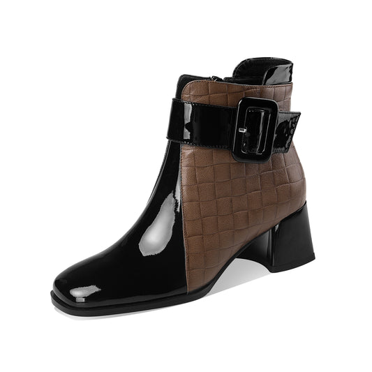 TinaCus Genuine Leather Women's Handmade Chic Buckle Decor Chunky Heel Side Zip Up Checkered Ankle Boots