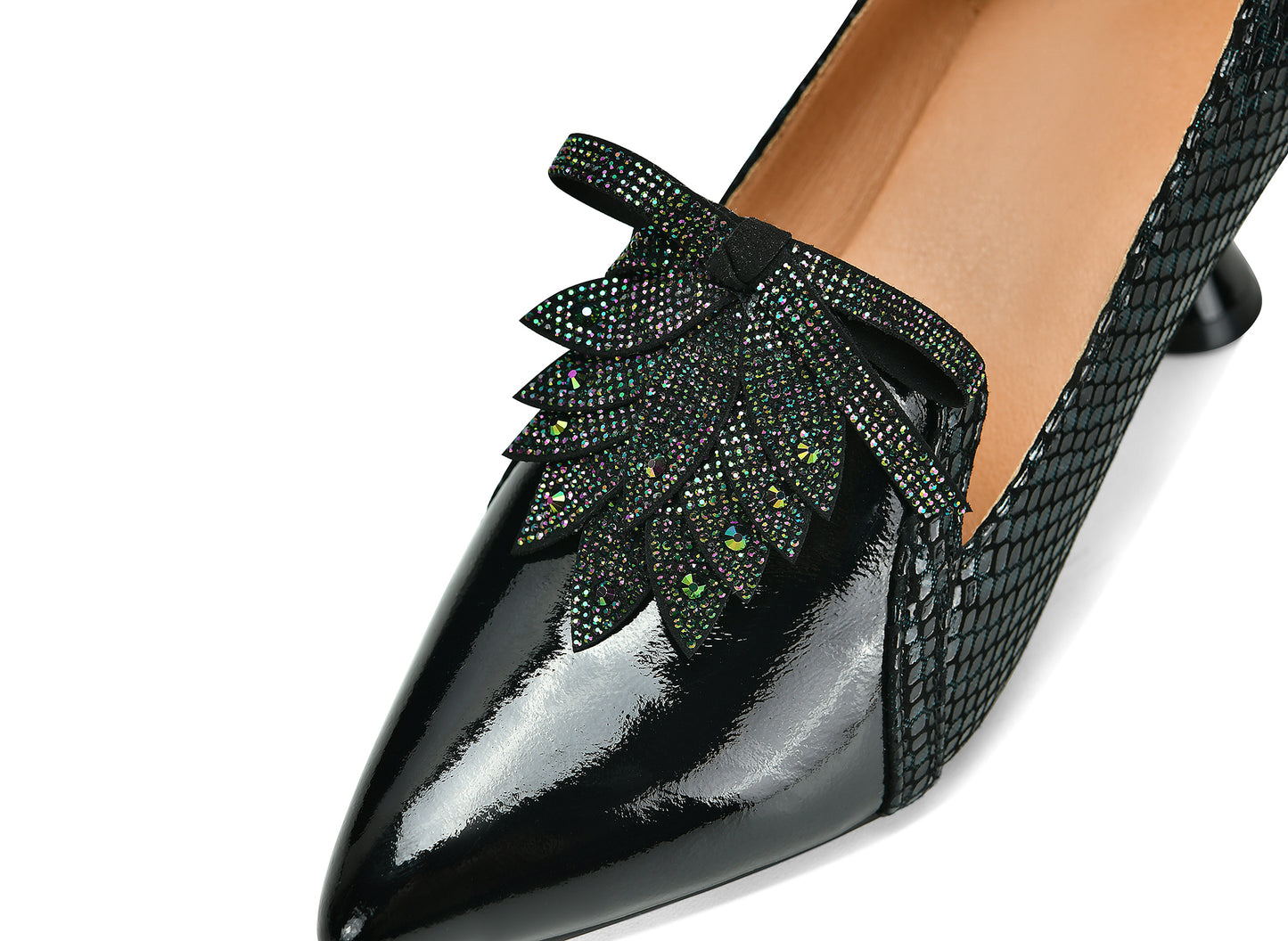 TinaCus Handmade Women's Glossy Genuine Leather Snakeskin Slip On Pointed Toe Mid Spool Heel Pumps Shoes