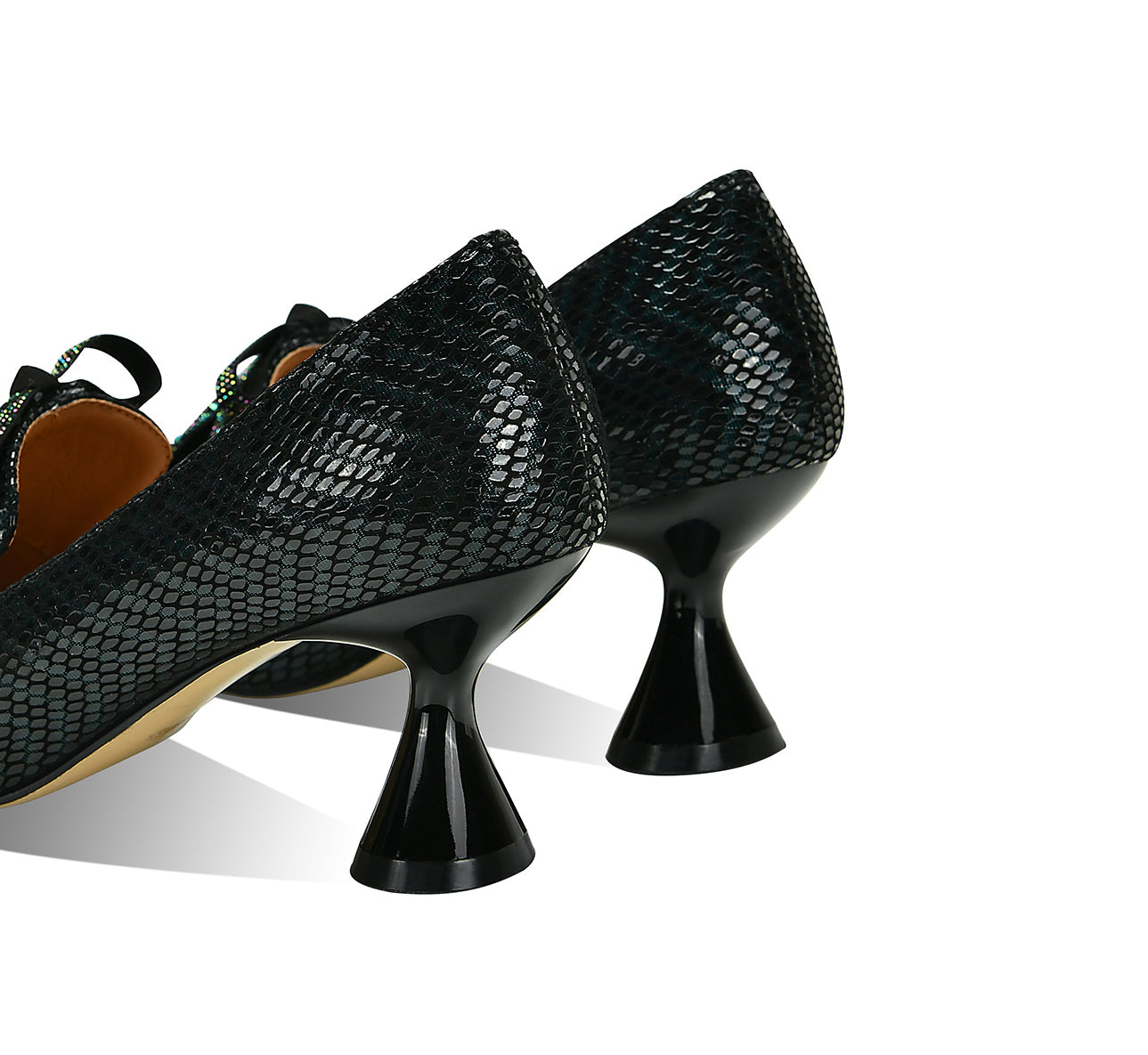 TinaCus Handmade Women's Glossy Genuine Leather Snakeskin Slip On Pointed Toe Mid Spool Heel Pumps Shoes