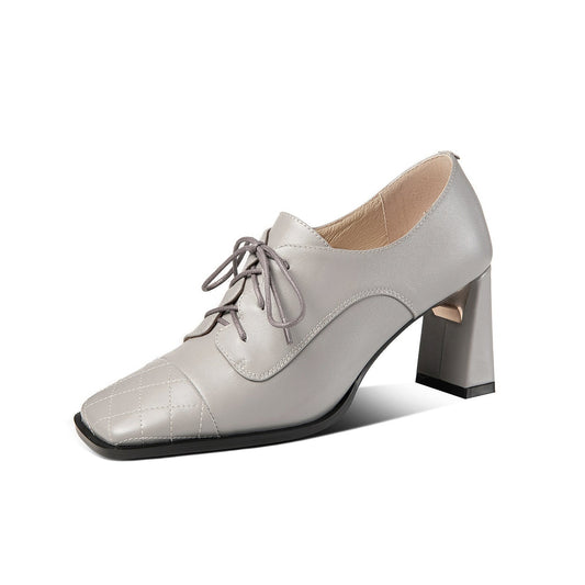 TinaCus Genuine Leather Women's Handmade Classic Square Toe Chunky Heel Lace Up Oxford Pump Shoes