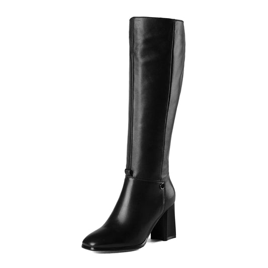 TinaCus Genuine Leather Square Toe Chunky Heel comfortable Knee High Boots