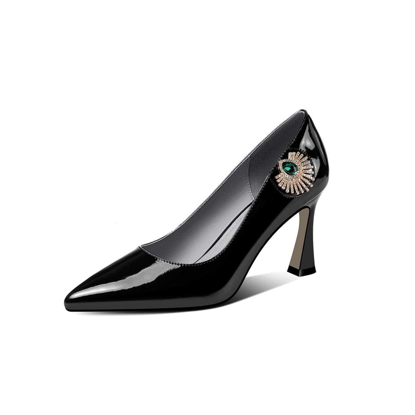 TinaCus Patent Leather Women's Handmade Pointed Toe Unique Glitter Rhinestone Emerald Crystal Design High Heel Slip On Pumps