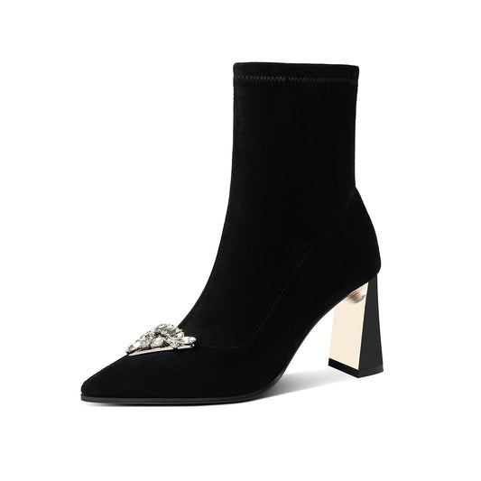 TinaCus Women's Suede Leather Handmade Stretch Side Zip Up Décor Crystal Pointed Toe High Block Heel Ankle Boots