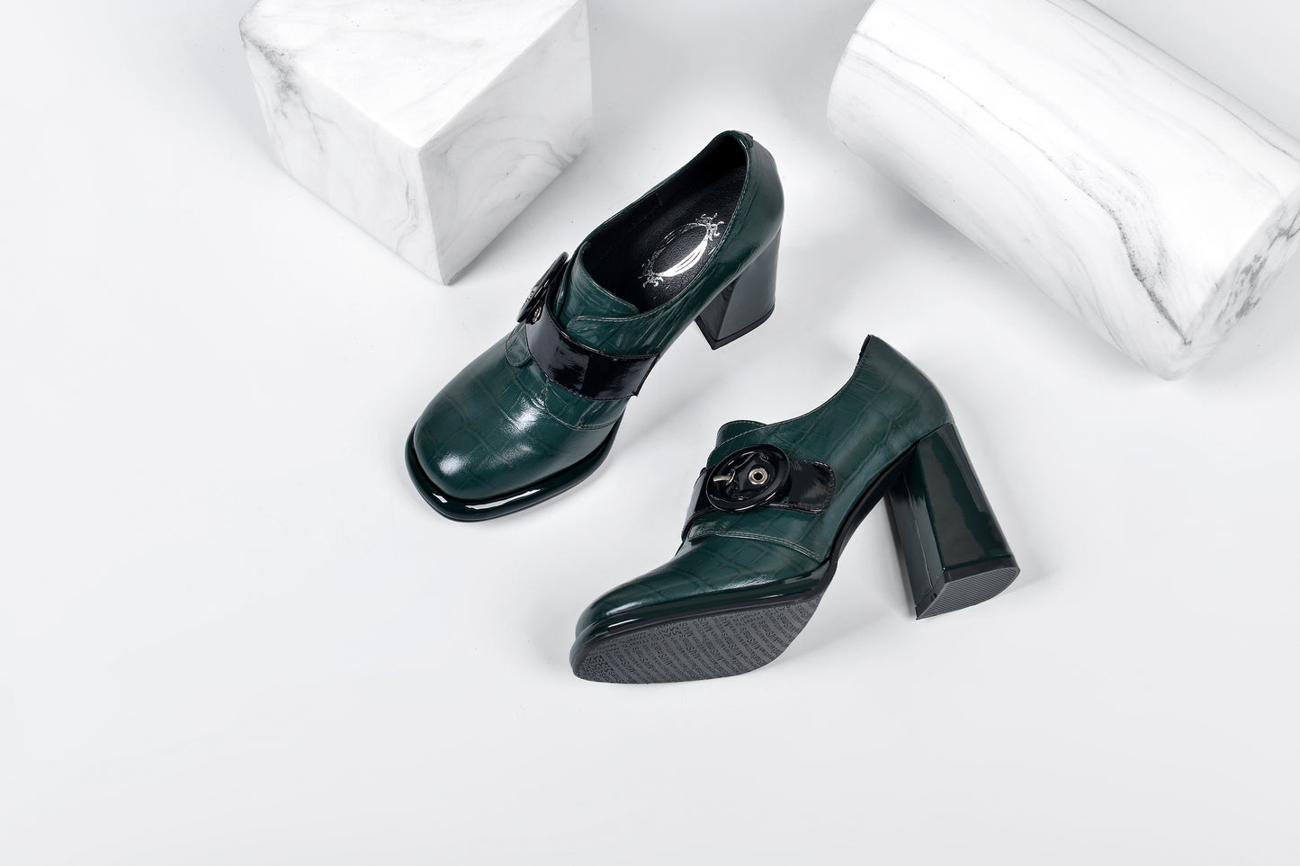 TinaCus Women's Handmade Genuine Leather Round Toe Buckled Trendy Platform High Chunky Heel Slip On Pumps