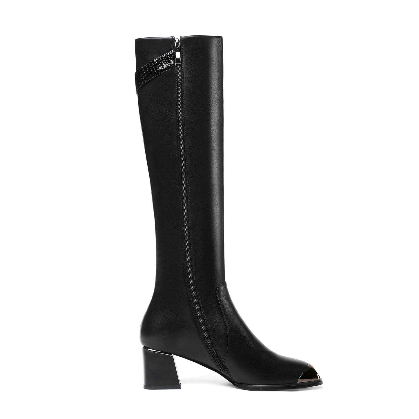 TinaCus Handmade Women's Genuine Leather Square Toe Mid Chunky Heel Side Zip Up Black Knee High Boots with Buckle Decor