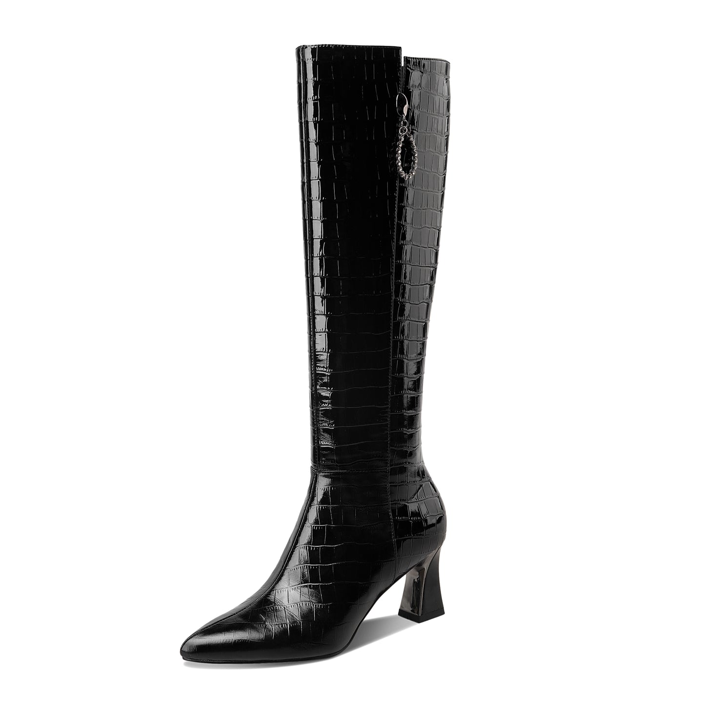 TinaCus Women's Handmade Embossed Genuine Leather Clear Pointed Toe Mid Spool Heel Side Zip Up Classic Black Knee High Boots