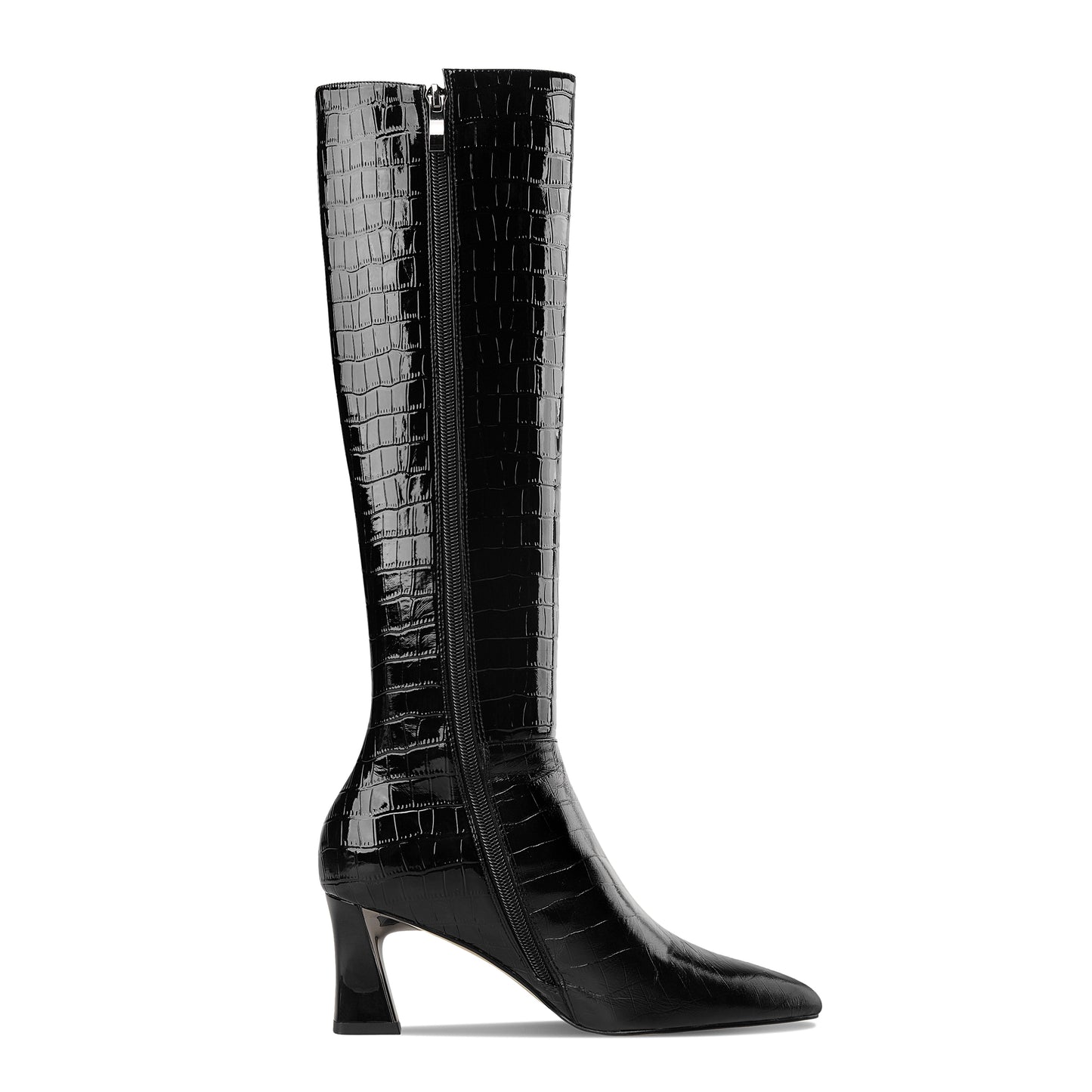 TinaCus Women's Handmade Embossed Genuine Leather Clear Pointed Toe Mid Spool Heel Side Zip Up Classic Black Knee High Boots
