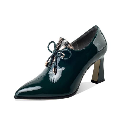 TinaCus Women's Patent Leather Handmade High Spool Heel Pointed Toe Zip Up Pump Shoes with Bownot