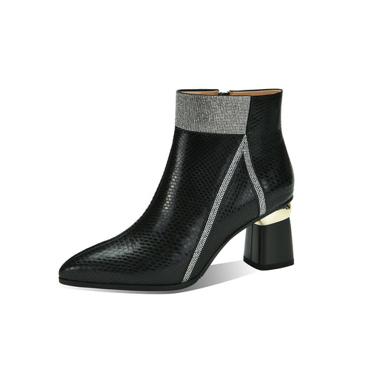 TinaCus Handmade Women's Genuine Leather Printed Glossy Side Zipper Pointed Toe Mid Chunky Heel Ankle Boots