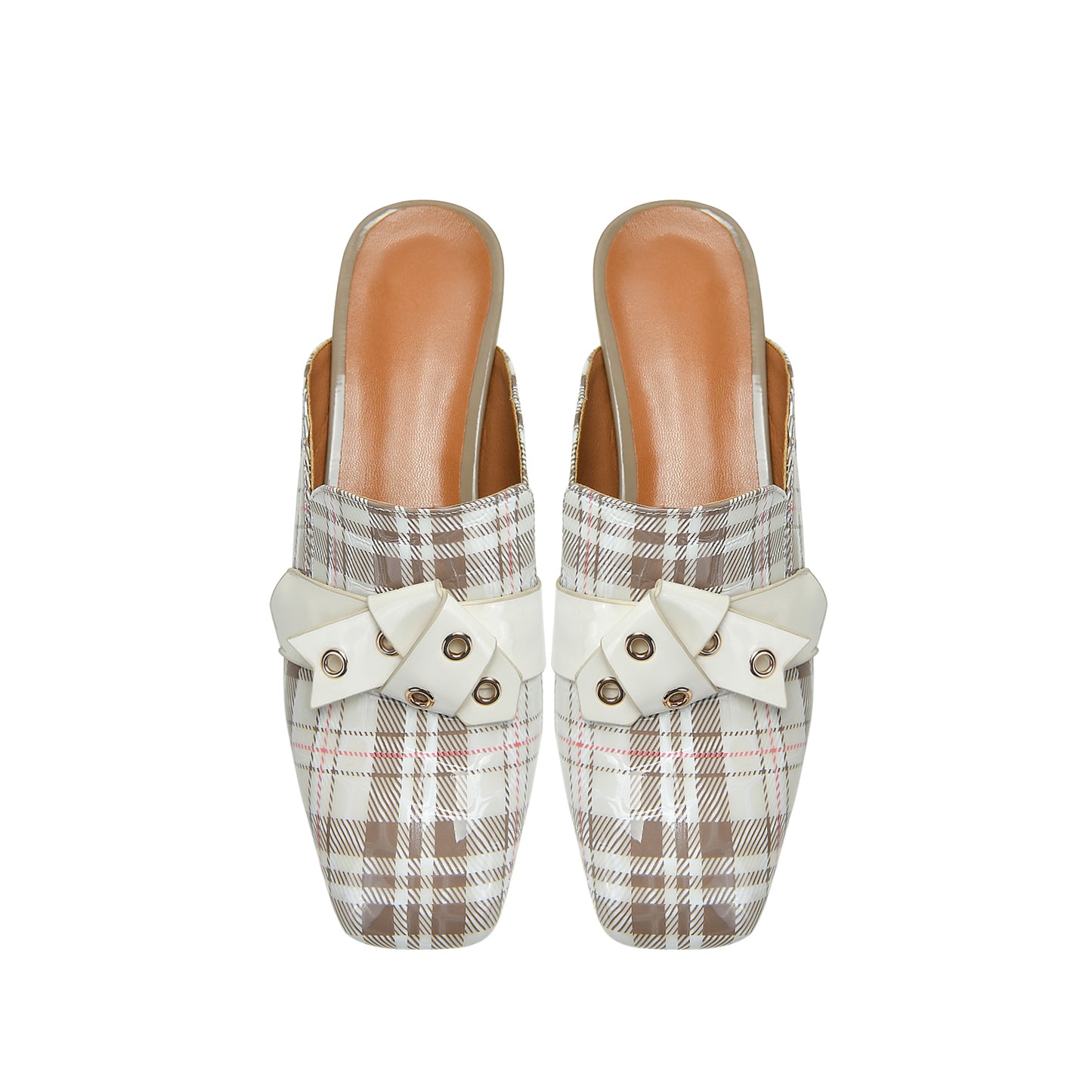 TinaCus Women's Square Toe Plaid Genuine Leather Handmade Buckle Decor Stylish Low Heel Sandal Slippers