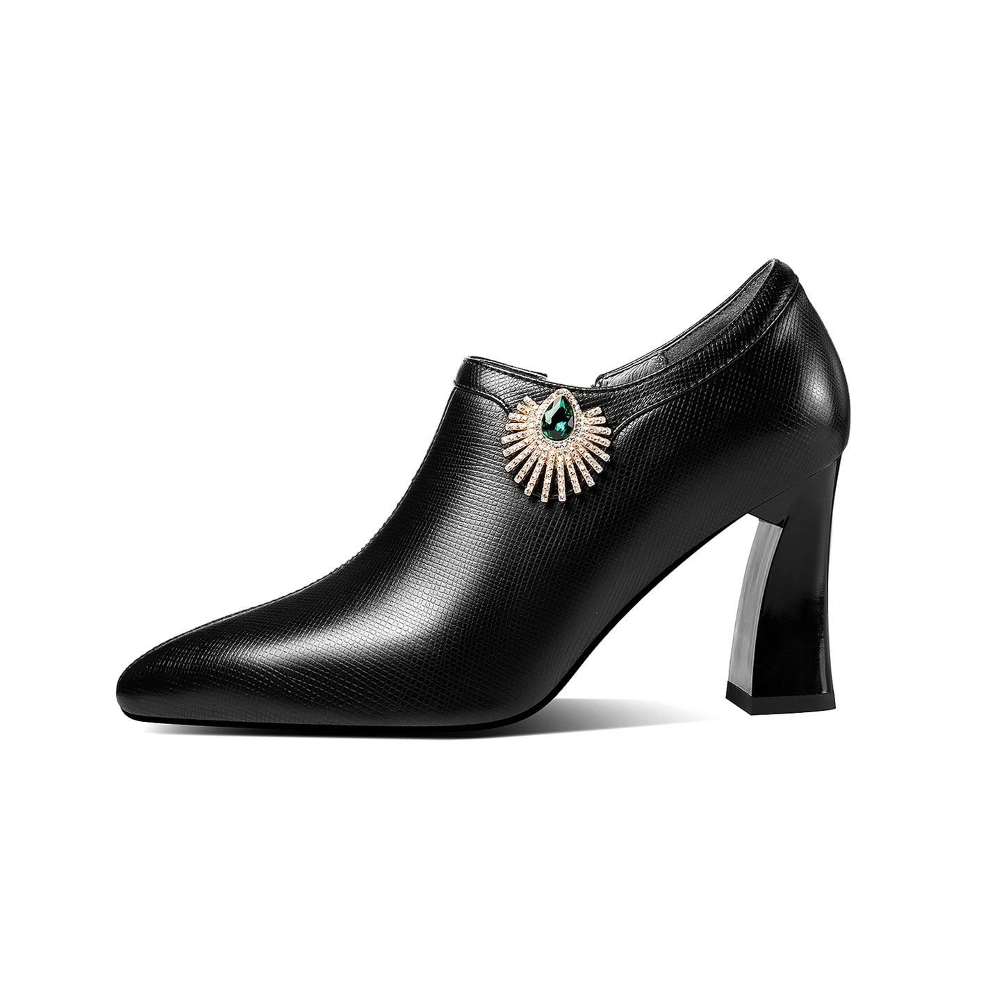 TinaCus Women's Handmade Genuine Leather Clear Pointed Toe High Spool Heel Glitter Rhinestone Pumps with Side Zip