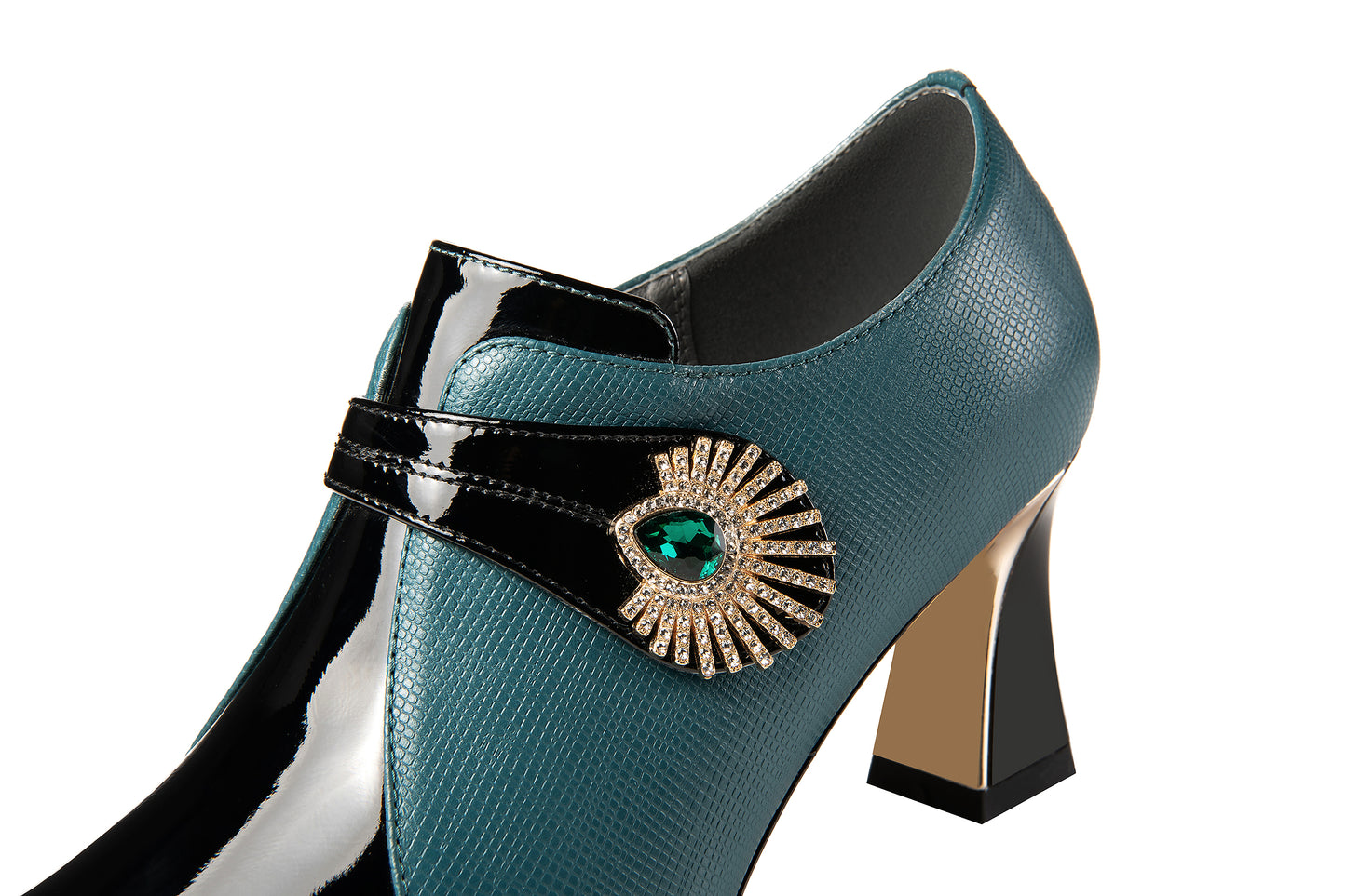 TinaCus Women's Patent and Genuine Leather Handmade Pointed Toe Spool Heel Green Crystal Side Zip Oxford Pumps