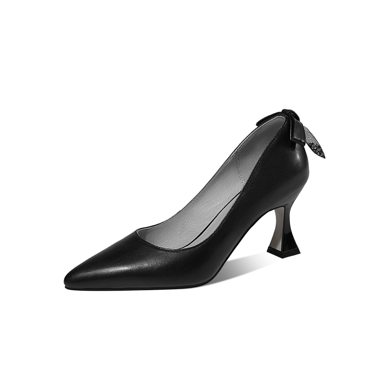 TinaCus Women's Genuine Leather Handmade Pointed Toe Slip On Sexy High Spool Heel Elegant Pump Shoes with Unique Back Bowtie