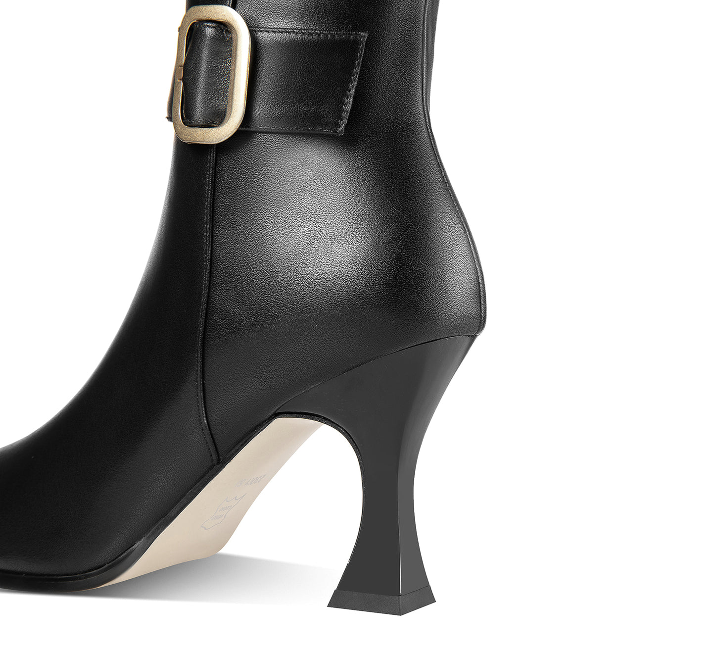 TinaCus Handmade Women's Genuine Leather High Heel Side Zip Up Belt Decor Pointed Toe Black Knee-High Boots