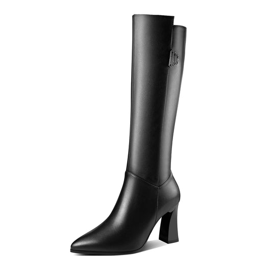 TinaCus Women's Genuine Leather Handmade Pointed Toe Side Zip Up Knee High Boots with Spool Heel