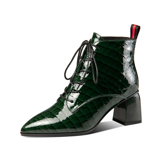 TinaCus Damen-Stiefeletten aus Lackleder, handgefertigt, spitze Zehenpartie, Blockabsatz, Schnürung, stilvoll