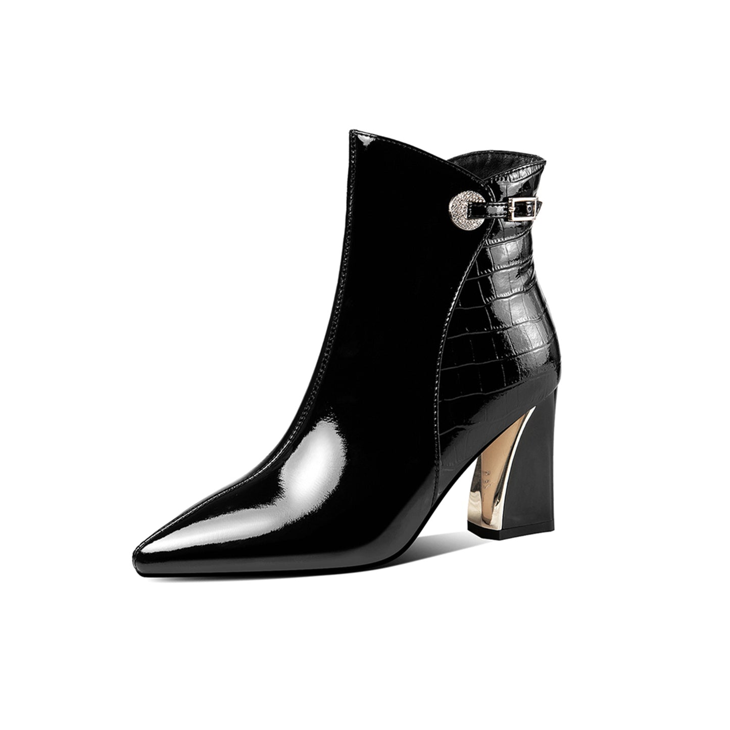 TinaCus Glossy Patent Leather Women's Handmade Chunky Heel Pointed Toe Side zip Up Ankle Booties with Exquisite Buckle Decor