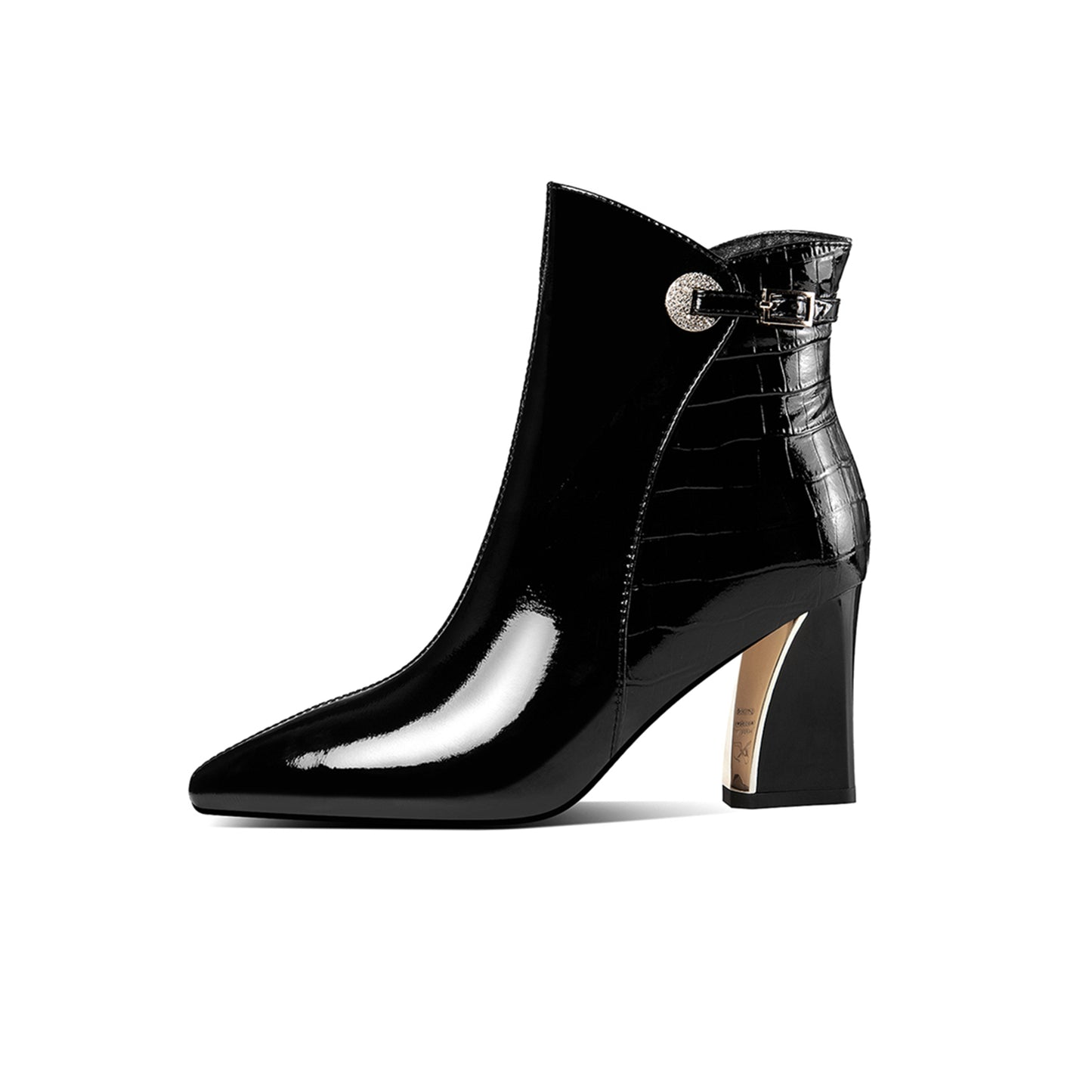 TinaCus Glossy Patent Leather Women's Handmade Chunky Heel Pointed Toe Side zip Up Ankle Booties with Exquisite Buckle Decor