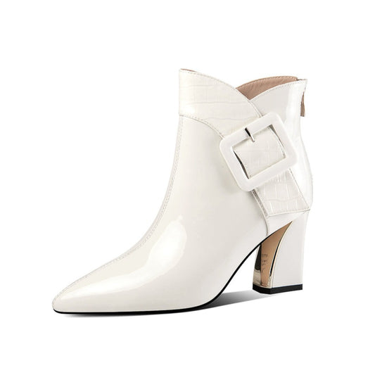 TinaCus Women's Patent Leather Handmade High Heel Pointed Toe Back zip Up Modern Buckle Ankle Booties