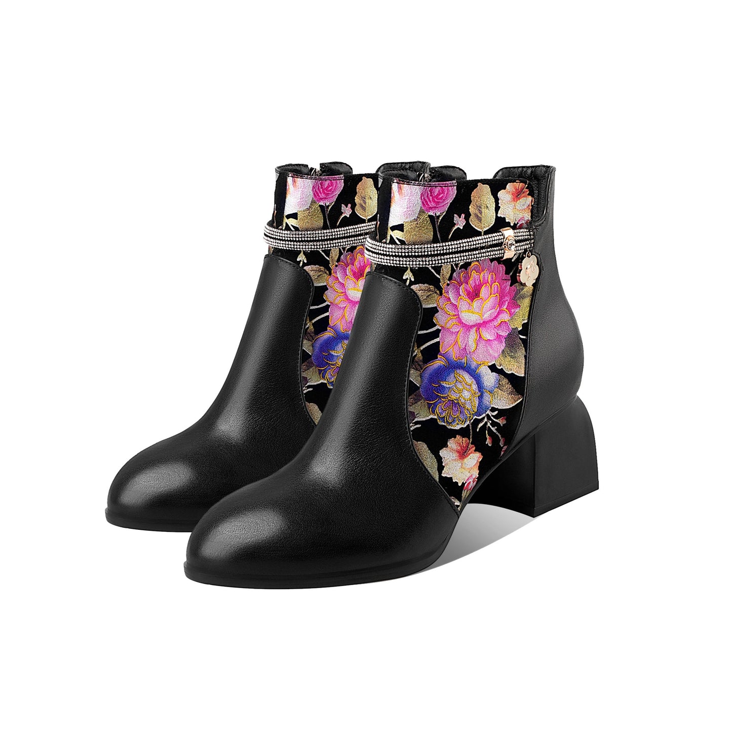 TinaCus Handmade Women's Genuine Leather Ethnic Printed Floral Pointed Toe Mid Chunky Heel Side Zipper Ankle Boots Shoes