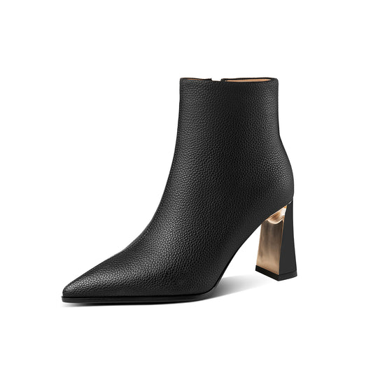 TinaCus Handmade Women's Genuine Leather Litchi Rind Pointed Toe Side Zipper High Block Heel Ankle Boots