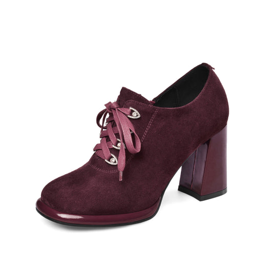 TinaCus Women's Round Toe Suede Leather Handmade Side Zipper Sleftie Pump Shoes with High Chunky Heel